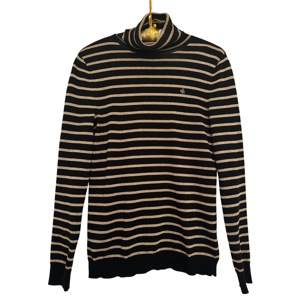 Lauren Ralph Lauren Black Gold Metallic Striped‎ Turtleneck Sweater Womens Sz S